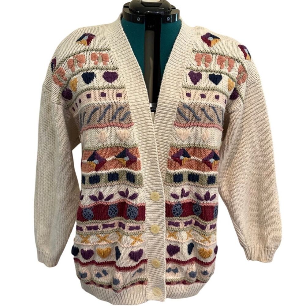 Vintage Embroidered Knit Cardigan Sweater Womens L Hearts Cottagecore‎ Boho